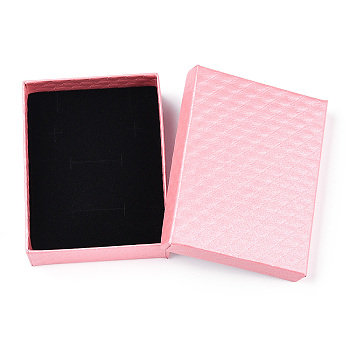 Rhombus Textured Cardboard Jewelry Boxes, with Black Sponge, for Jewelry Gift Packaging, Rectangle, Pink, 9x7x2.6cm; Inside: 8.3×6.4cm.