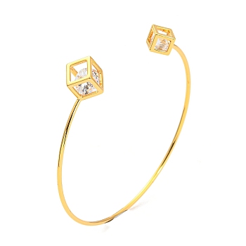 Clear Cubic Zirconia Cuff Bangles, Real 18K Gold Plated Brass Wristband, Cube, Inner Diameter: 2-3/8 inch(6.05cm)