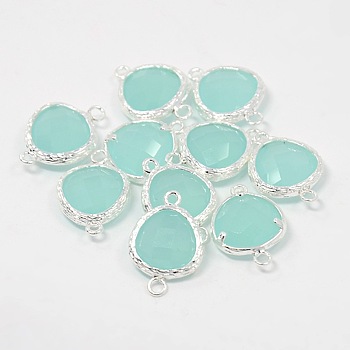 Silver Color Plated Brass Glass Links connectors, Faceted Triangle, Pale Turquoise, 19x13x5.5mm, Hole: 1mm