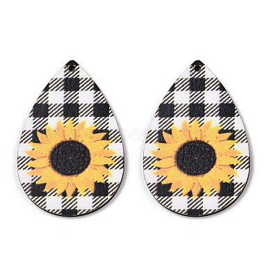 Gros pendentifs en bois imprimé tournesol simple face(WOOD-TAC0021-01B)-2