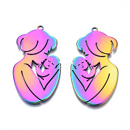 Ion Plating(IP) 201 Stainless Steel Pendants, Mother & Child, Rainbow Color, 46x25x1mm, Hole: 1.8mm(STAS-N098-071M)
