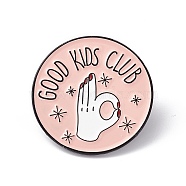 Word Good Kids Club Enamel Pin, Electrophoresis Black Alloy Flat Round Brooch for Backpack Clothes, Palm Pattern, 30x2mm, Pin: 1.2mm(JEWB-A005-03-03)