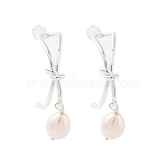 Natural Pearl Ear Studs, with Brass Findings and 925 Sterling Silver Pins, Round, Platinum, 30.5x8mm(EJEW-P256-30P)