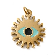 304 Stainless Steel Charms, with Enamel and Jump Ring, Real 14K Gold Plated, Sun with Eye Charm, Turquoise, 11.8x10x1.1mm, Hole: 1.4mm(STAS-K263-06G-01)