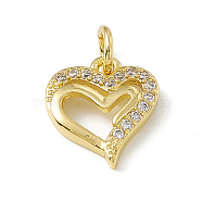 Brass Micro Pave Clear Cubic Zirconia Charms, with Open Jump Rings, Hollow Heart, Real 18K Gold Plated, 11.5x10.5x2mm, Hole: 2.7mm(ZIRC-F132-93G)