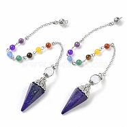 Natural Lapis Lazuli Hexagonal Pointed Dowsing Pendulums, with Chakra Mixed Stone and Alloy Findings, Cone/Spike, Platinum, 266mm, Hole: 1.6mm(G-P552-05P-05)