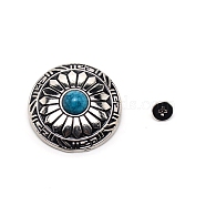 1-Hole Alloy & Turquoise Buttons, Flat Round with Sunflowers Pattern, for DIY Luggage and Hardware Accessaries, Steel Blue, 30x10.3~10.8mm, Hole: 2.5mm(PALLOY-WH0092-11A-P)