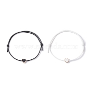 2Pcs 2 Colors Alloy Enamel Heart Braided Bead Bracelets Set, Waxed Polyester Cords Adjustable Bracelets, White & Black, Inner Diameter: 3-1/2 inch(9cm), 1Pc/color(BJEW-JB09739)