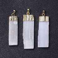 Natural Selenite Big Pendants, Rectangle Charms, with Rack Plating Brass Findings, Golden, 52~61x14~19x5~7mm, Hole: 8x5mm(G-C002-07G)