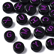 Opaque Black Acrylic Beads, Flat Round with Random Letters, Dark Orchid, 9.5x6mm, Hole: 2mm, about 1550pcs/500g(MACR-Q242-009E)