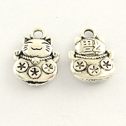 Tibetan Style Zinc Alloy Lucky Kitten Charms, Maneki Neko/Beckoning Cat Shape, Antique Silver, 15x11x3.5mm, Hole: 2mm(X-TIBEP-S288-25)