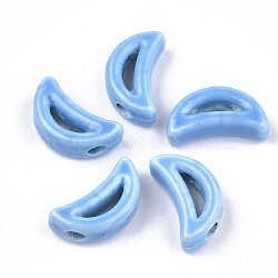 Handmade Porcelain Beads, Bright Glazed Porcelain, Moon, Deep Sky Blue, 16~16.5x9x5.5mm, Hole: 2mm(PORC-S499-21C)