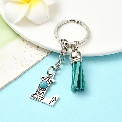 Alloy with Resin Imitation Synthetic Turquoise Keychain, with Tassel Pendant and Iron Rings, Letter L, 8cm, Pendant: 26~35mm(KEYC-YW00087-12)