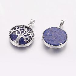 Natural Lapis Lazuli Pendants, with Brass Findings, Platinum, Flat Round with Tree, 31x27x6.5~7mm, Hole: 5x8mm(G-E388-05P)