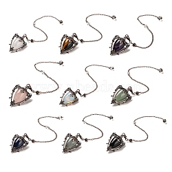 Mixed Gemstone Triangle Dowsing Pendulum Pendants, with Quartz Crystal Round Beads, Rack Plating Alloy Findings & Chains, Cadmium Free & Lead Free, 290mm(G-G022-01R)