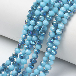 Electroplate Opaque Solid Color Glass Beads Strands, Half Plated, Blue Plated, Faceted, Rondelle, Deep Sky Blue, 8x6mm, Hole: 1mm, about 65~68pcs/strand, 15.7~16.1 inch(40~41cm)(EGLA-A034-P8mm-I13)