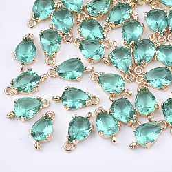 Transparent Glass Links connectors, with Brass Findings, Faceted, Teardrop, Light Gold, Light Sea Green, 13x7x3.5mm, Hole: 1.2mm(X-GLAA-T007-18D)