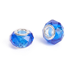 Faceted Glass European Beads, Large Hole Beads, with Silver Tone Brass Core, Rondelle, Dodger Blue, 13.5~14x8.5~9mm, Hole: 5mm(GPDL-E004-01C)