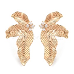 Brass Pave Clear Cubic Zirconia Stud Earring Findings, with Loop, Leaf, Real 14K Gold Plated, 28x16mm, Hole: 1mm, Pin: 0.8mm(KK-N256-27G)