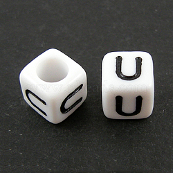 Letter Acrylic European Beads, Horizontal Hole, Cube, Letter.U, 10x10x10mm, Hole: 3.5~4mm, about 598pcs/500g(OPDL-R050-10mm-U)