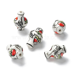 Handmade Porcelain Beads, Pearlized, Vase with Peach Pattern, White, 21~22x14~15mm, Hole: 2~2.5mm(PORC-I013-01B)