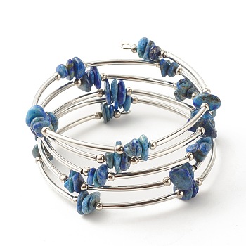 5-Loop Natural Lapis Lazuli Chip Beaded Wrap Bracelets for Women, Steel Memory Wire Bracelet, Platinum, Inner Diameter: 2-1/8 inch(5.45cm)