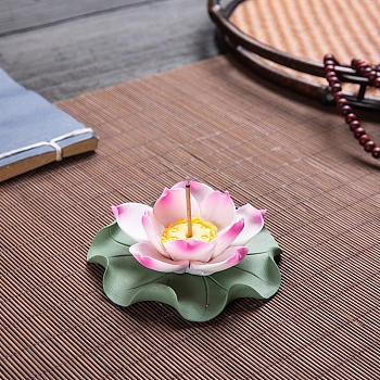 Porcelain Incense Burners, Lotus with Leaf Incense Holders, Home Office Teahouse Zen Buddhist Supplies, Deep Pink, 85x36mm