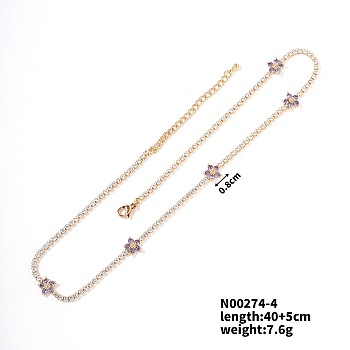 European and American Fashion Style Brass Rhinestone Flower Necklaces, Lilac, 15.75 inch(40cm)