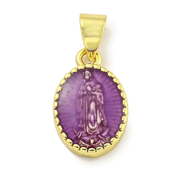 Rack Plating Brass Enamel Pendants, Long-Lasting Plated, Lead Free & Cadmium Free, Real 18K Gold Plated, Oval with Saint Charm, Medium Orchid, 15x10x3mm, Hole: 5x3.5mm