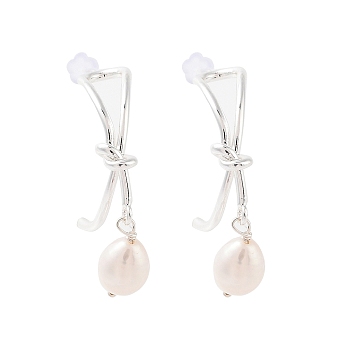 Natural Pearl Ear Studs, with Brass Findings and 925 Sterling Silver Pins, Round, Platinum, 30.5x8mm