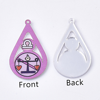 Acrylic Pendants, PVC Printed on the Front, Film and Mirror Effect on the Back, teardrop, with Constellation, Libra, Libra, 29.5x18x2mm, Hole: 1.5mm
