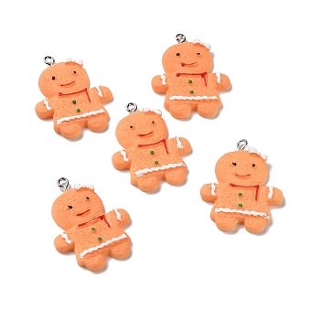 Christmas Opaque Resin Pendants, with Platinum Tone Iron Loops, Gingerbread Man Charm with Bowknot, Red, 35x25x4.5mm, Hole: 2mm
