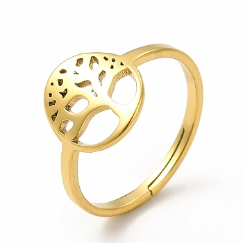 Ion Plating(IP) 304 Stainless Steel Tree of Life Adjustable Ring for Women, Real 18K Gold Plated, US Size 6(16.5mm)