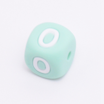 Silicone Beads, for Bracelet or Necklace Making, Arabic Numerals Style, Aquamarine Cube, Num.0, 10x10x10mm, Hole: 2mm