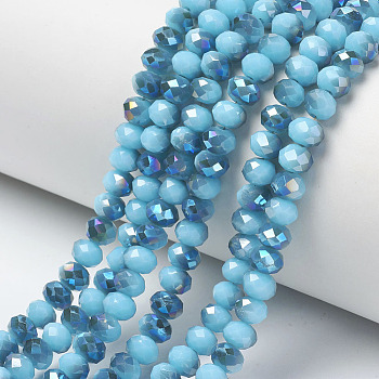 Electroplate Opaque Solid Color Glass Beads Strands, Half Plated, Blue Plated, Faceted, Rondelle, Deep Sky Blue, 8x6mm, Hole: 1mm, about 65~68pcs/strand, 15.7~16.1 inch(40~41cm)