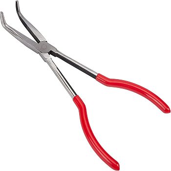 High Carbon Steel Bent Needle Nose Pliers, Long Reach 90 Degree Angle, Serrated Jaw, with Rubber Handle, Red, 26x6.2x4.7cm