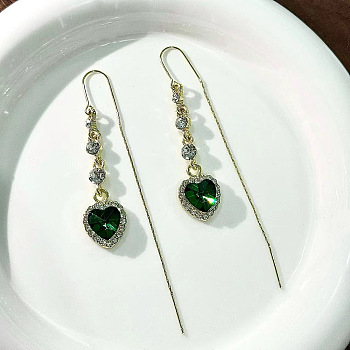 Alloy Rhinestone Ear Thread, Heart, Light Gold, Emerald, 80mm