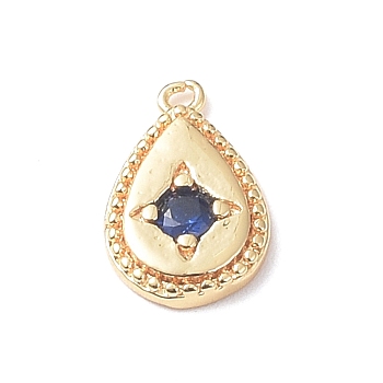 Brass Charms, with Glass, Teardrop Charm, Real 18K Gold Plated, Marine Blue, 12x8x2mm, Hole: 1mm