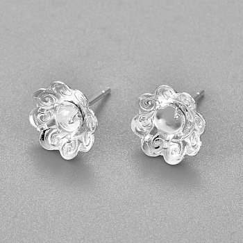304 Stainless Steel Ear Stud Components, Flower, Silver, 16mm, Flower: 10.5~11x4.5mm, Tray: 4mm, Pin: 0.7mm