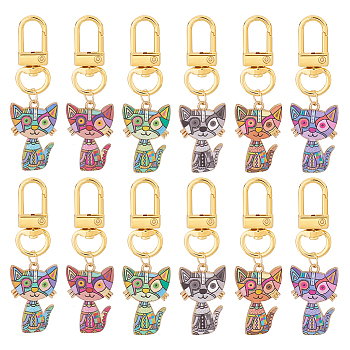 2Sets Alloy Enamel Pendant Decoration, with Alloy Swivel Clasps, Cat, Mixed Color, 65mm, Cat: 30x19.5x2.5mm, 6 colors, 1pc/color, 6pcs/set