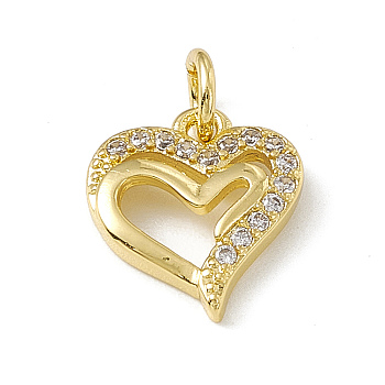 Brass Micro Pave Clear Cubic Zirconia Charms, with Open Jump Rings, Hollow Heart, Real 18K Gold Plated, 11.5x10.5x2mm, Hole: 2.7mm