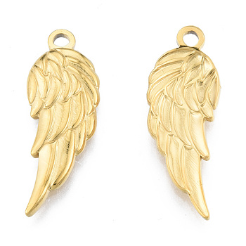 Ion Plating(IP) 201 Stainless Steel Pendants, Wing, Real 18K Gold Plated, 30.5x11x2.5mm, Hole: 2mm