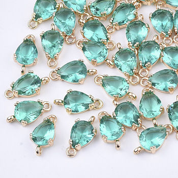 Transparent Glass Links connectors, with Brass Findings, Faceted, Teardrop, Light Gold, Light Sea Green, 13x7x3.5mm, Hole: 1.2mm