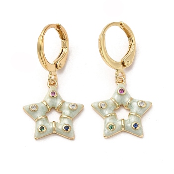 Star Real 18K Gold Plated Brass Dangle Leverback Earrings, with Enamel and Cubic Zirconia, Azure, 28.5x14.5mm