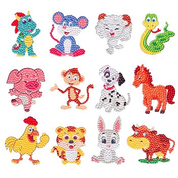 DIY 12 Chinese Zodiac Signs Diamond Painting Sticker Kits, including Self Adhesive Sticker, Resin Rhinestones, Diamond Sticky Pen, Tray Plate and Glue Clay, Animal Pattern, 60~70mm, 12 patterns, 1pc/pattern, 12pcs