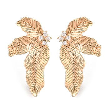 Brass Pave Clear Cubic Zirconia Stud Earring Findings, with Loop, Leaf, Real 14K Gold Plated, 28x16mm, Hole: 1mm, Pin: 0.8mm