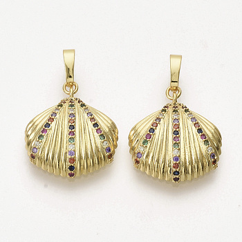 Brass Micro Pave Cubic Zirconia Pendants, Shell Shape, Colorful, Golden, 18x17x4.5mm, Hole: 3.5x5mm