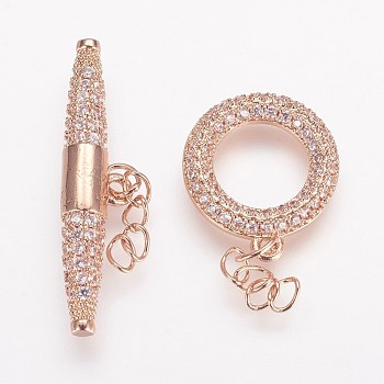 Brass Micro Pave Cubic Zirconia Ring Toggle Clasps, Rose Gold, Ring: 15x13x2mm, Bar: 6x27x4mm.