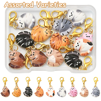 12Pcs Alloy Enamel Pendant Decorations, Cat Shape, with Alloy Lobster Claw Clasps, Golden, Mixed Color, 34mm