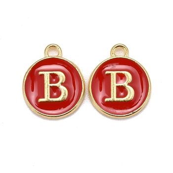 Golden Plated Alloy Enamel Charms, Cadmium Free & Lead Free, Enamelled Sequins, Flat Round, Red, Letter.B, 14x12x2mm, Hole: 1.5mm